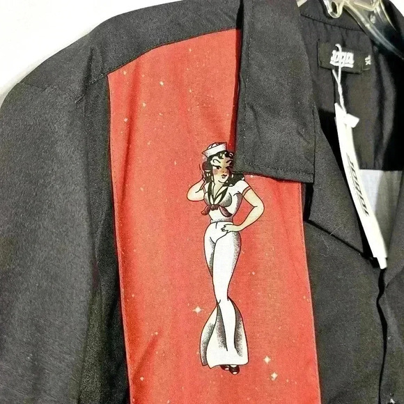 🛑 NWT jogal Mens Vintage-style Polyester Black Short Sleeve Button-up Shirt XL - Picture 3 of 9